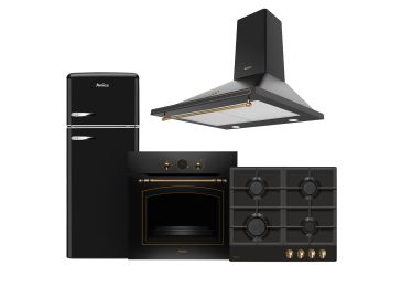 Set kućanskih aparata, pećnica, ploča, napa i hladnjak, Amica retro crni