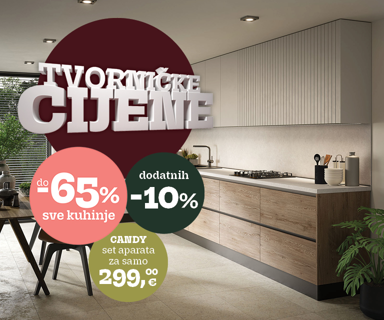 Iskoristite -65% popusta na sve kuhinje te dodatnih -10% na kuhinje po mjeri.